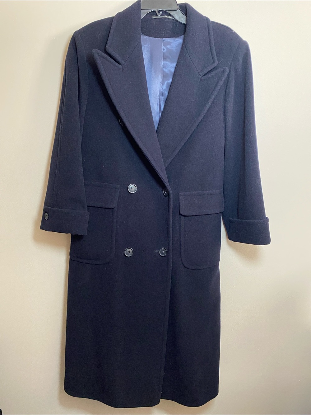 Anne Elise Navy Blue Double-Breasted Long Virgin Wool Coat - Sz 38